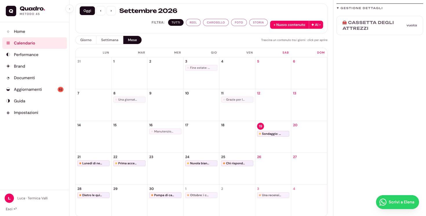 Il calendario di Quadro in vista mese, con storie, caroselli, reel e foto distribuiti sui giorni di settembre, e a lato la cassetta degli attrezzi