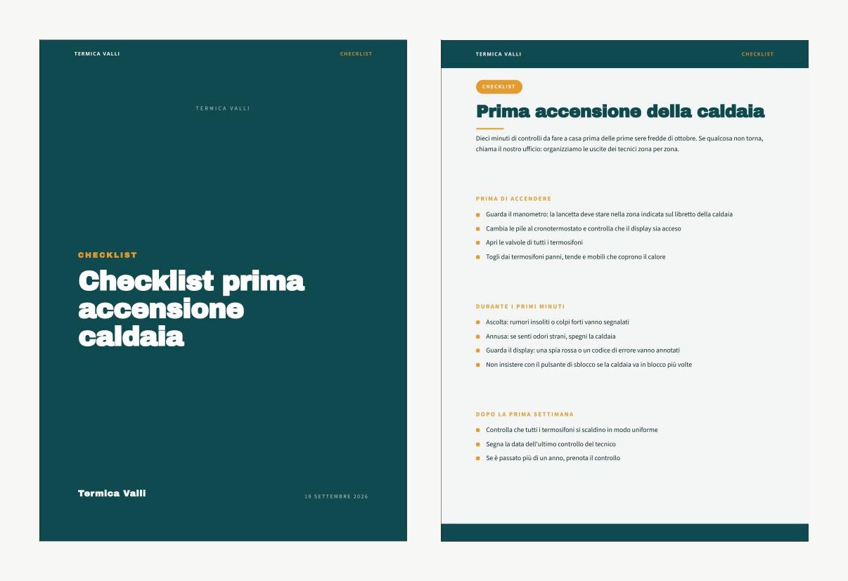 Copertina e pagina interna di una checklist in PDF sulla prima accensione della caldaia, con la grafica del CAT