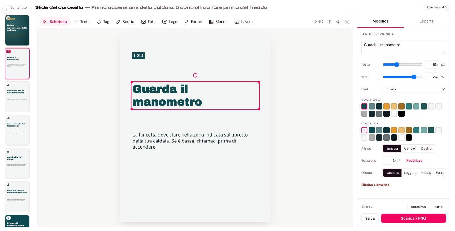 L'editor slide di Quadro con un carosello sulla prima accensione della caldaia, un titolo selezionato e a lato i colori della palette del cliente