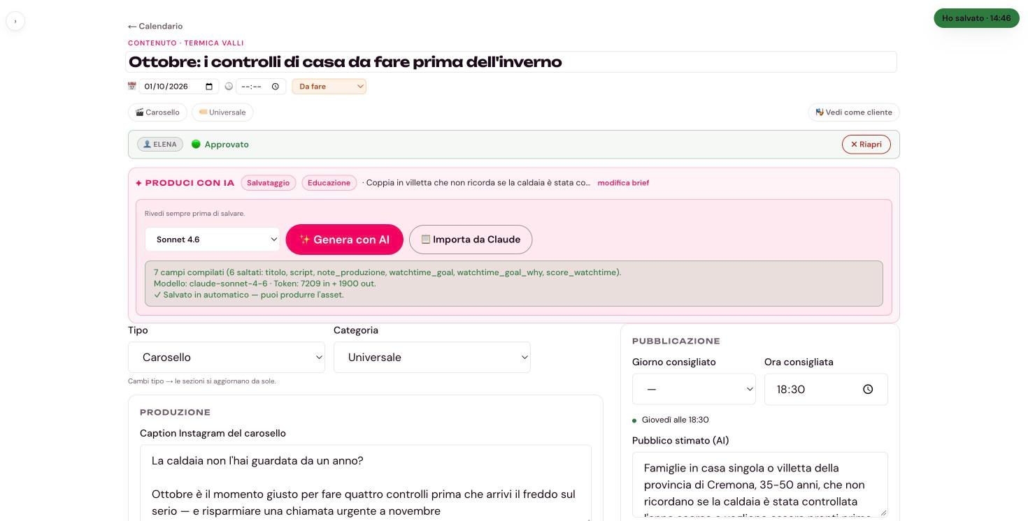Un contenuto in Quadro dopo Produci con IA: la caption del carosello scritta, il giorno e l'orario consigliati e il pubblico stimato